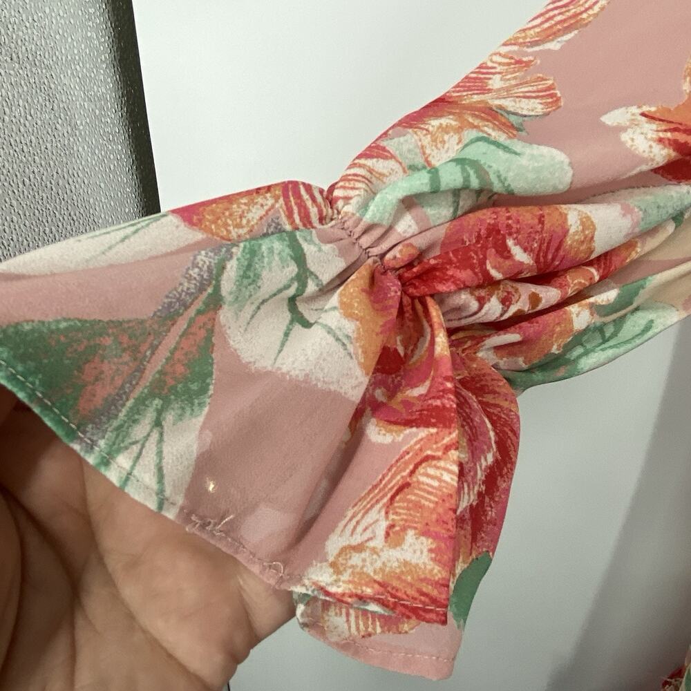 Champagne & Strawberry Maxi Dress Small Off Shoulder Pink Floral Chiffon Peasant - Picture 8 of 16